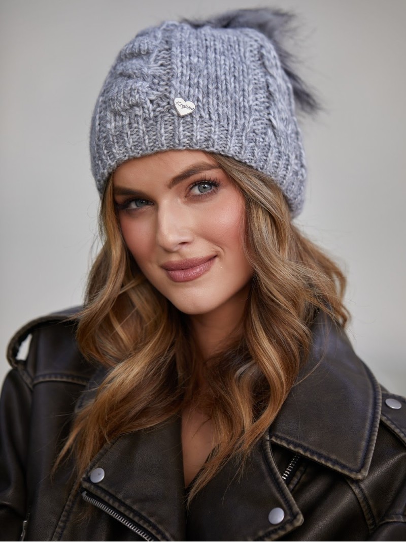 Winter hat with a pompom, dark gray C39 - Online store - Boutique